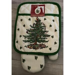 Spode Christmas Tree 2-pc Kitchen Gift Set: Oven Mitt & Square Pot Holder New